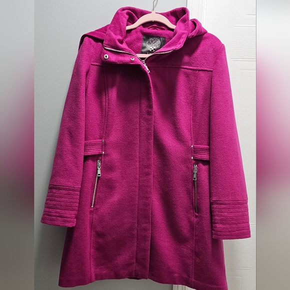 Vince Camuto Magenta Wool Blend Hooded Coat Sz XL - Picture 2 of 6